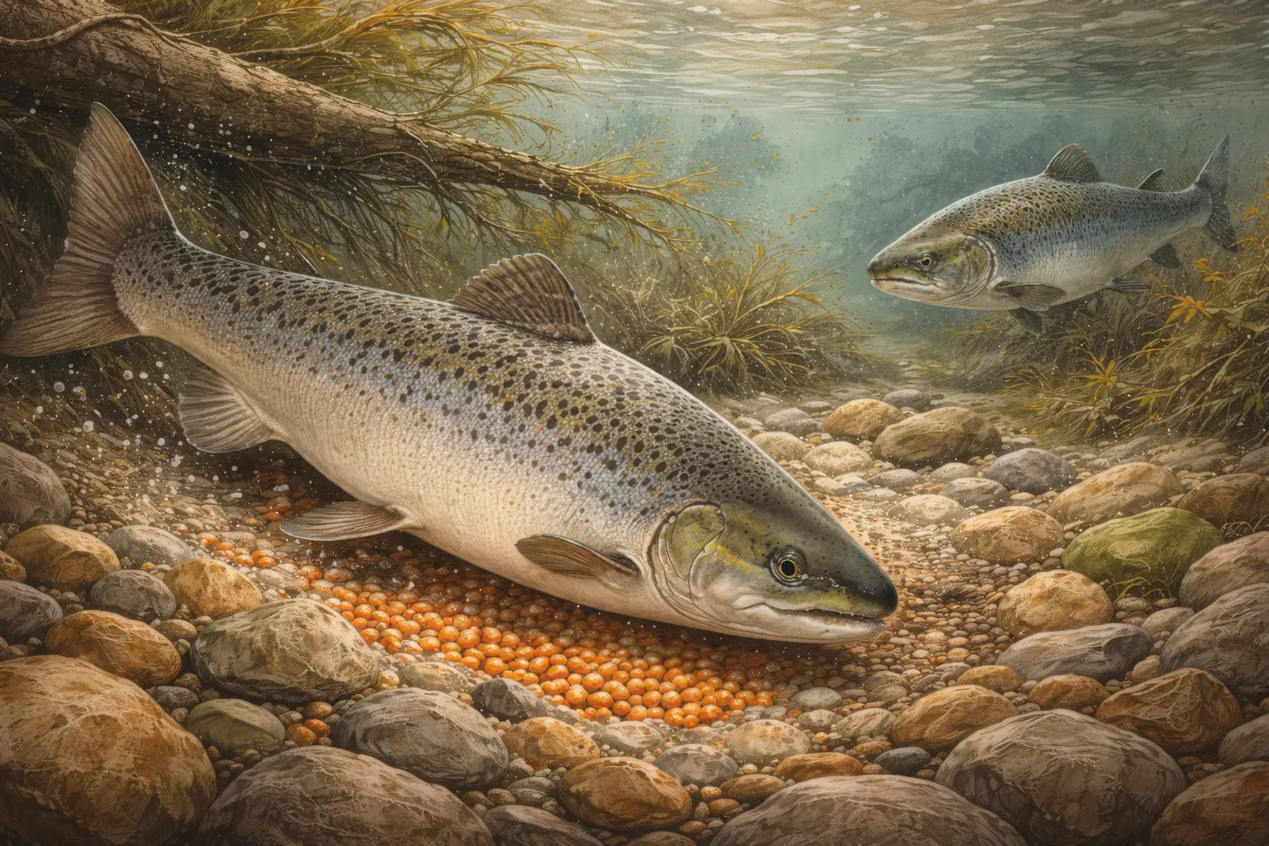Atlantic salmon over clean gravels in the River Bovey, painted in Dartmoor naturalist style